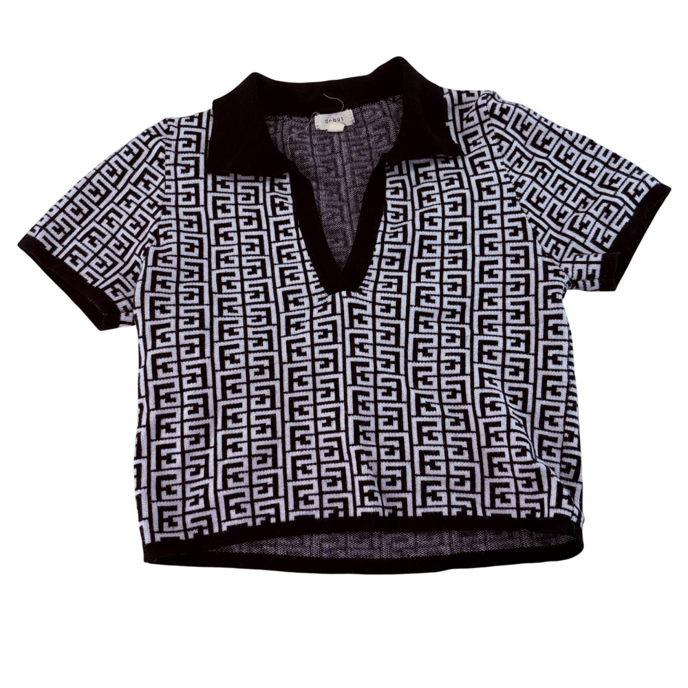 Debutā Womens Geometric Greek Key Knit Polo Top Black White V-Neck T7977 Size S